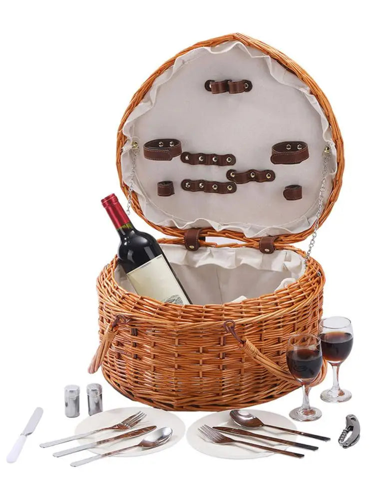Herzförmiger Handgeflochtener Picknickkorb mit Geschirr – Ideal für Camping & Outdoor