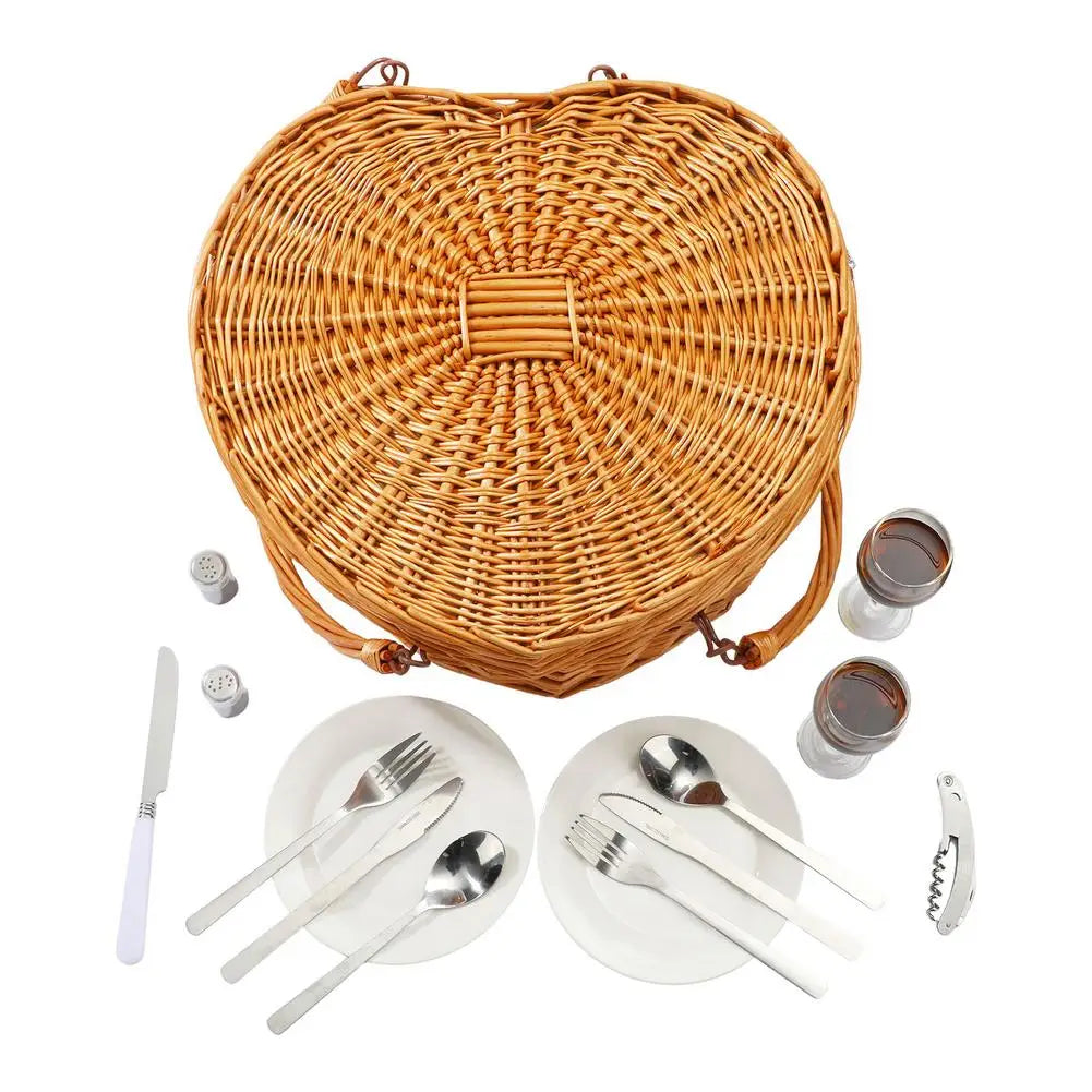 Herzförmiger Handgeflochtener Picknickkorb mit Geschirr – Ideal für Camping & Outdoor